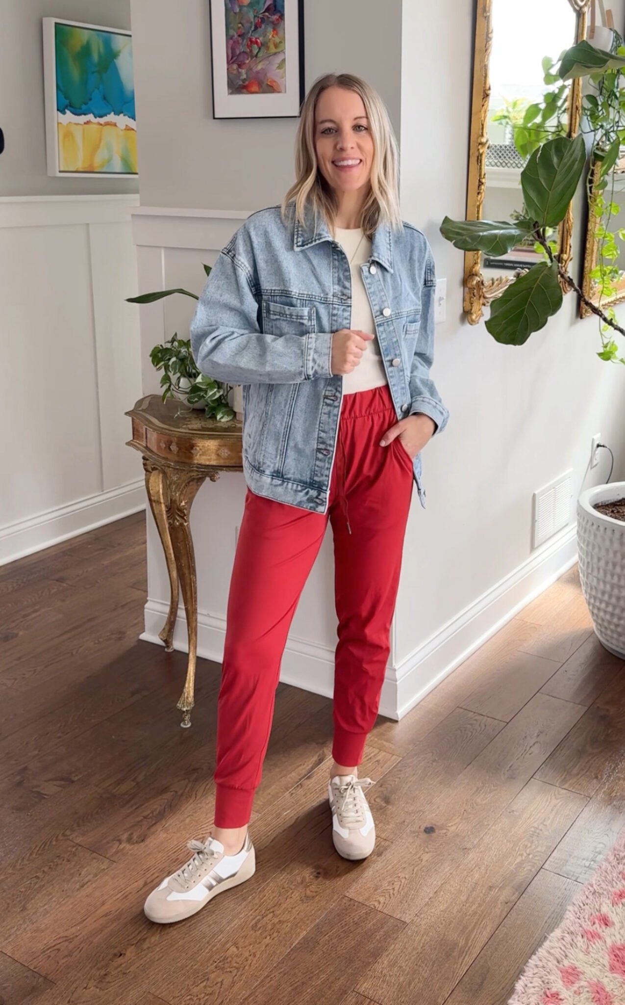 White Target tee, denim jacket, and jogger pants with pockets and drawstring.