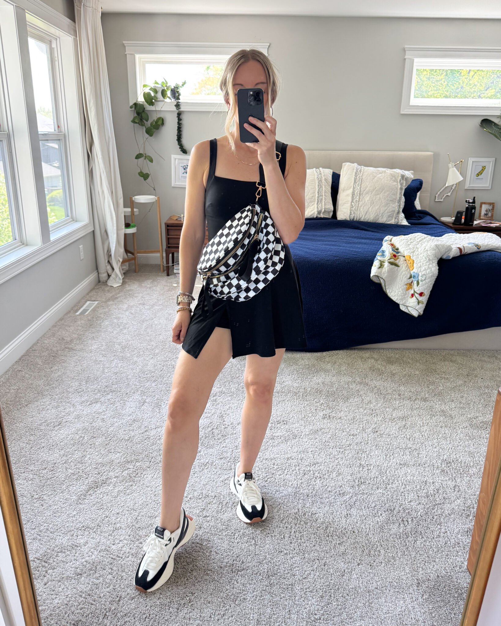 Black and white athleisure outfit from Target with checkered crossbody bag and sneakers, styled for a casual hike or photo-worthy outdoor day.