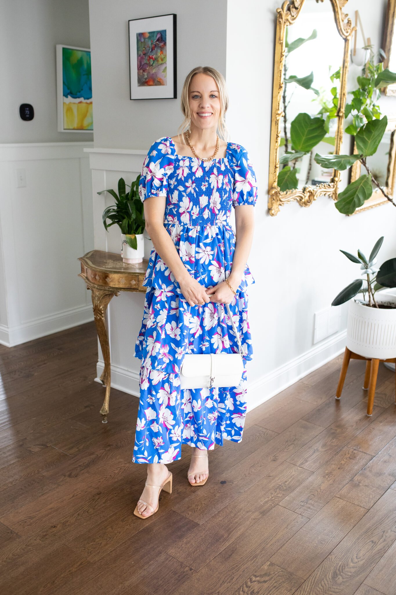 Floral square neck smocked dress with puff short sleeves, tiered ruffle skirt, perfect for as a beach wedding guest or casual outdoor event.