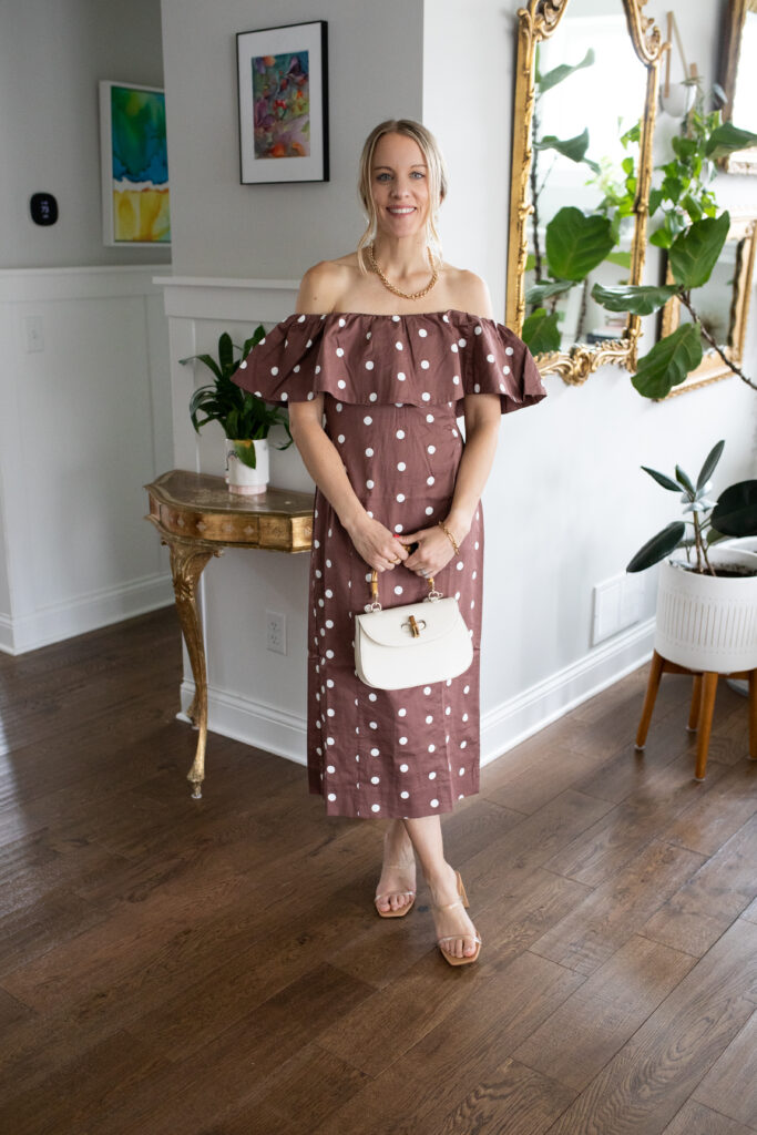 Polka dot dress styled for a summer event, balancing trendy and polished elements.
