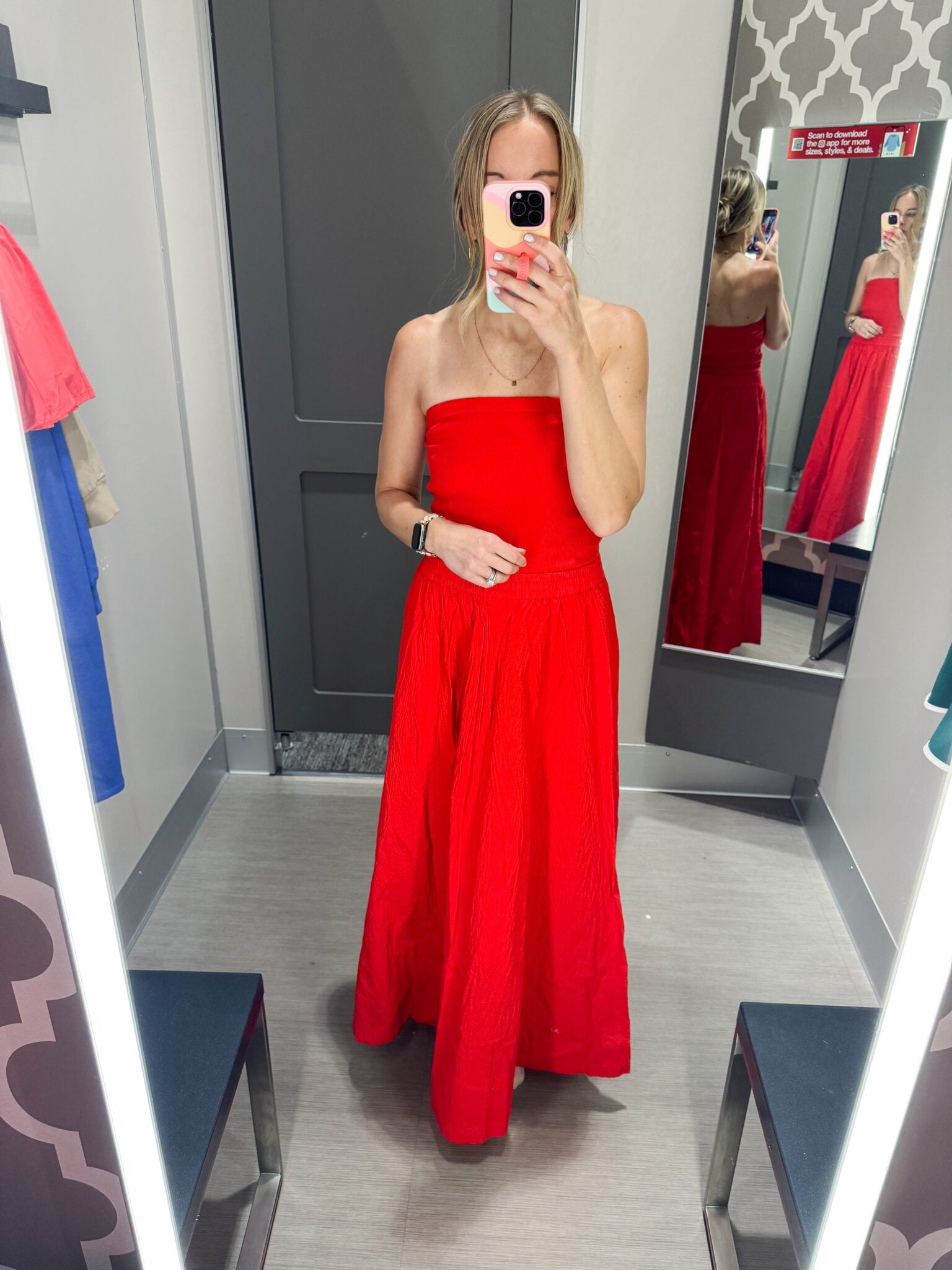 Jen wearing a red tube top and matching red maxi skirt from Target