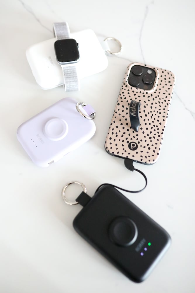 Portable chargers for Apple Watch and iPhone with keychain attachments