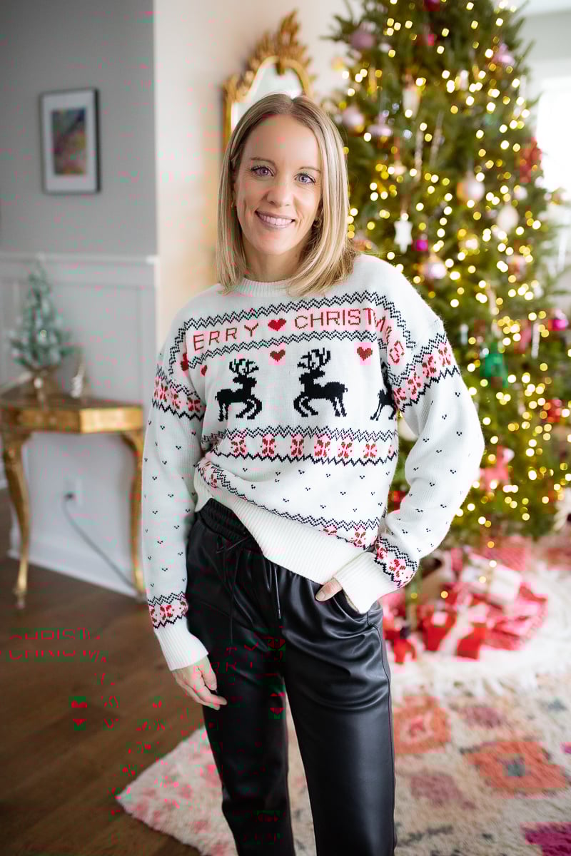 "Merry Christmas" holiday sweater with reindeer in a classic print