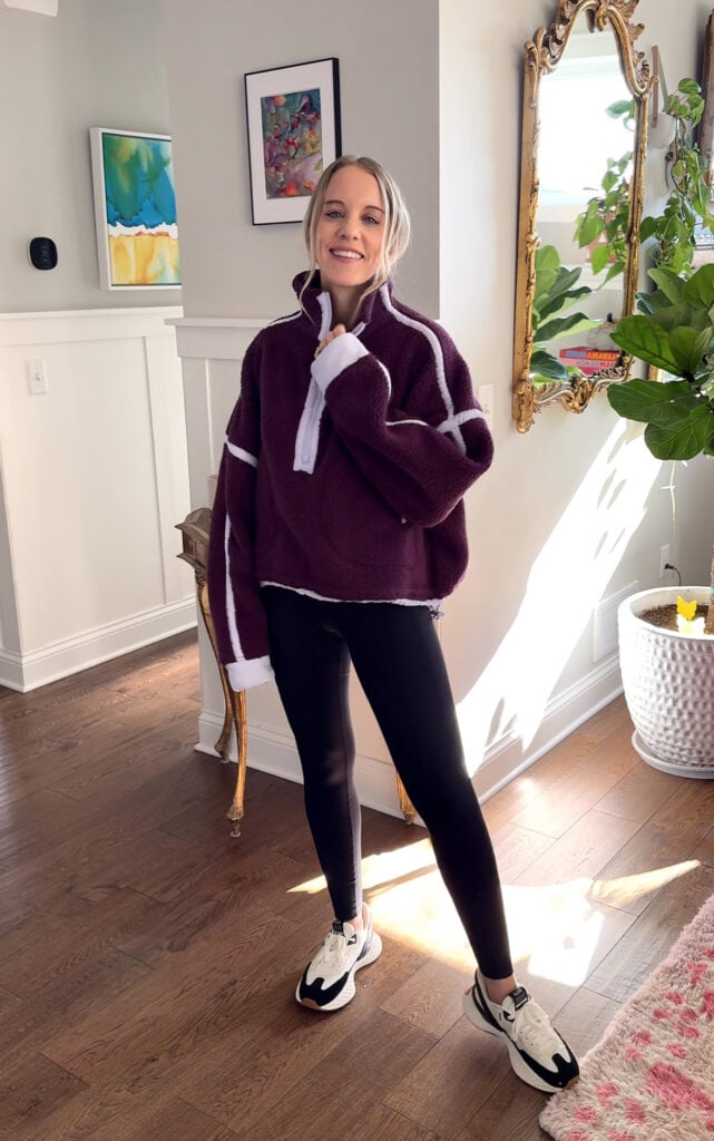 Woman wearing a fleece jacket and fleece lined leggings